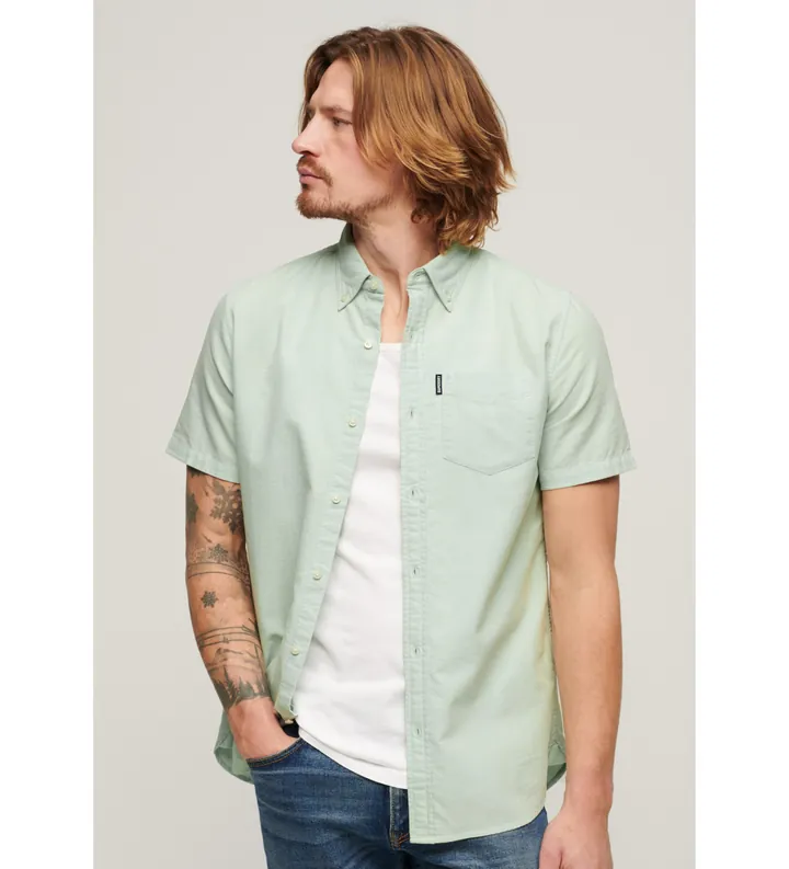 Superdry para hombre. M4010623A Camisa Oxford de manga corta verde (L), Casual, Algodón