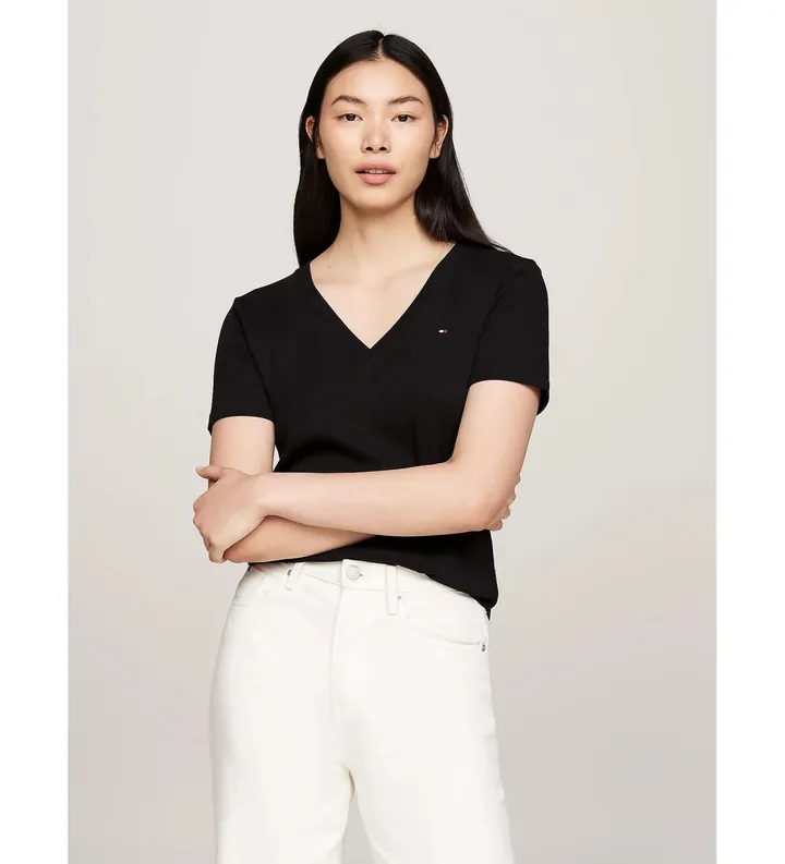 Tommy Hilfiger para mujer. WW0WW40584 Camiseta slim con cuello de pico negro (XS), Casual, Algodón, Manga corta