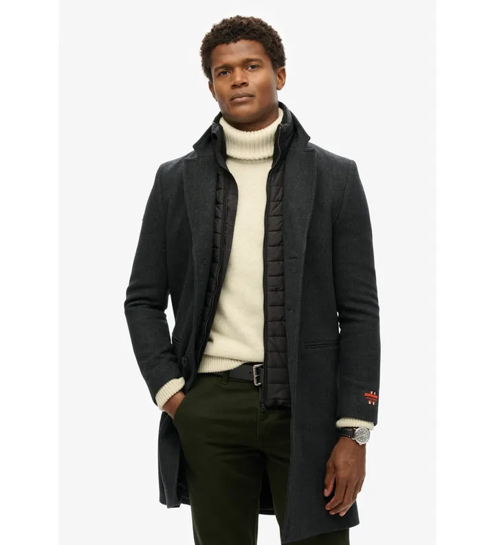 Superdry para hombre. M5011970A Abrigo de ciudad 2 en 1 a medida negro (L), Casual, Lana