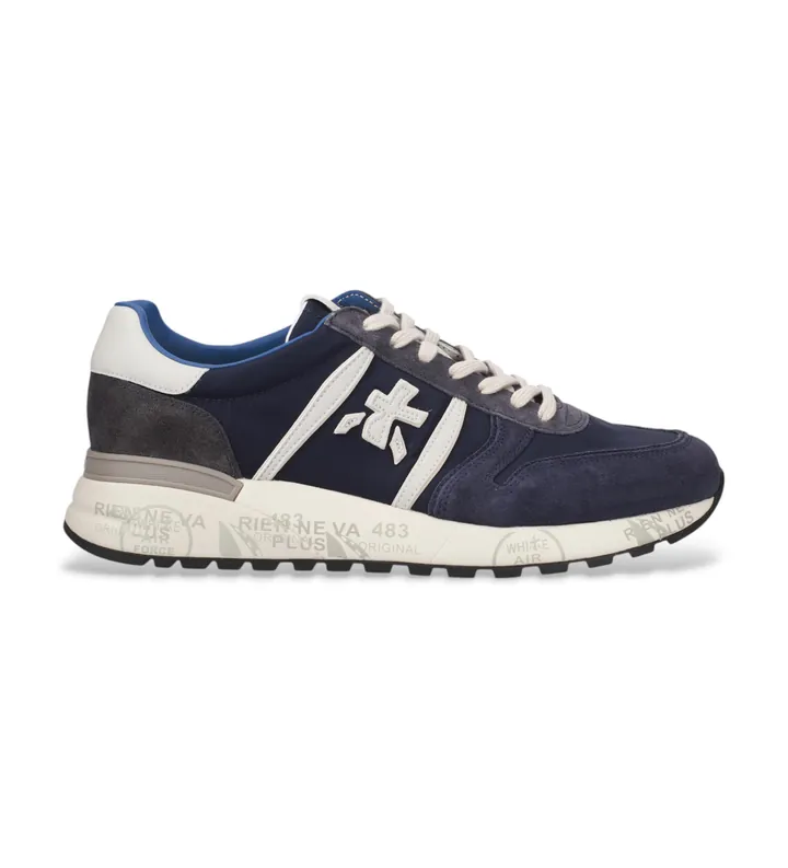 Premiata para hombre. LANDER Zapatillas de Piel Lander marino (40), Plano, Cordones, Casual