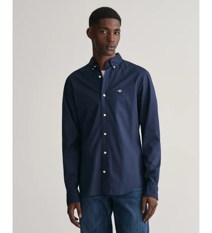 Gant para hombre. 3000102 Camisa Slim Fit de popelina marino (L), Casual, Algodón, Clásico, Manga larga