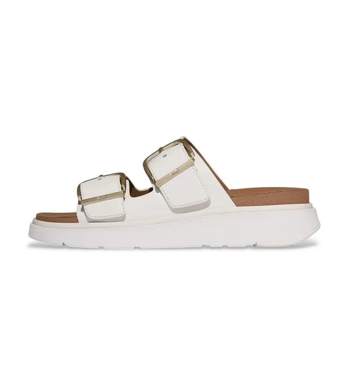 Fitflop para mujer. B1J-194 Sandalias de piel Gen-FF Buckle Two-Bar Leather Slides blanco urbano (3), Plano, Hebilla, Casual