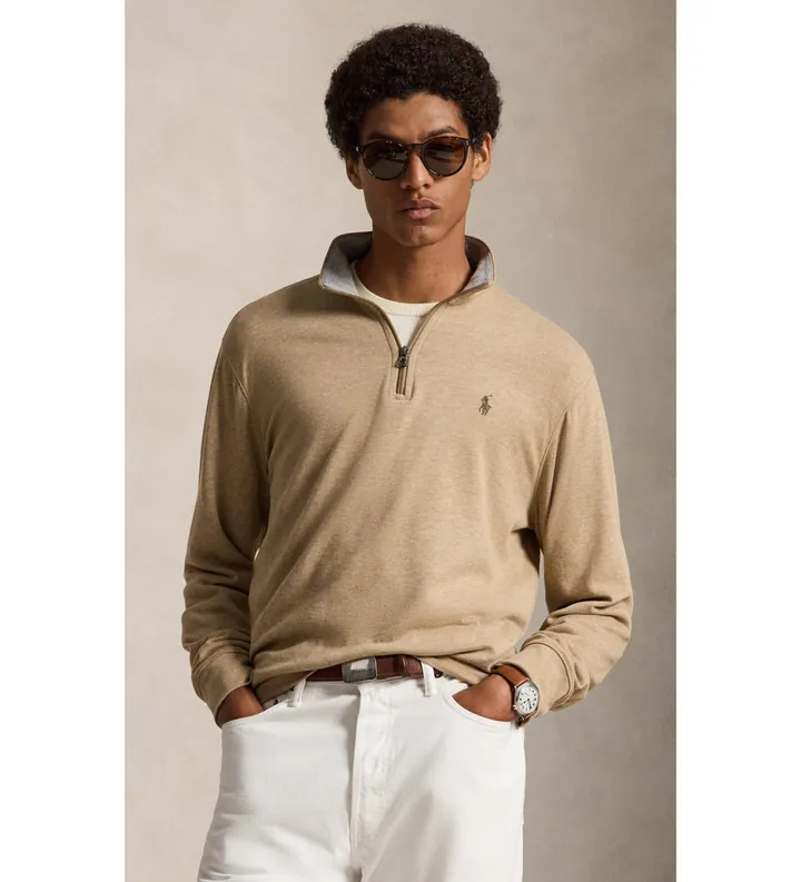 Polo Ralph Lauren para hombre. 710812963502 Jersey de punto con cremallera corta marrón (L), Casual, Algodón, Manga larga