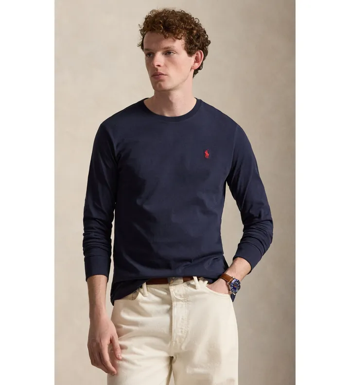 Polo Ralph Lauren para hombre. 710671468024 Camiseta de punto jersey Custom Slim Fit marino (L), Casual, Algodón, Manga larga