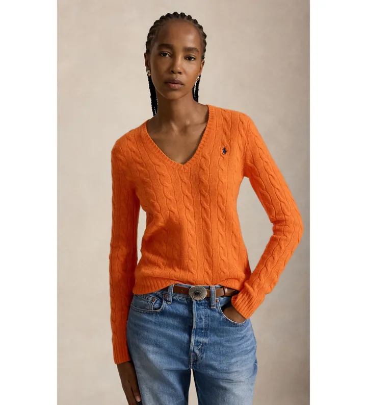 Polo Ralph Lauren para mujer. 211971866503 Jersey de cachemira y lana naranja (L), Casual, Manga larga