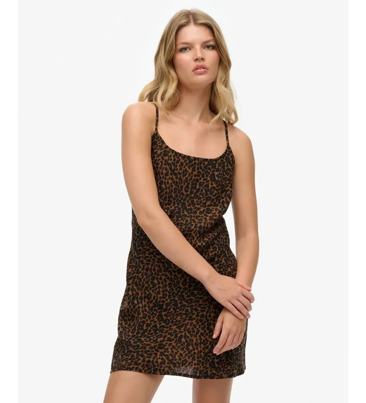Superdry para mujer. W8012044A Vestido Bias Cut marrón (M), Casual, Animal print, Poliéster, Sin mangas / Tirantes