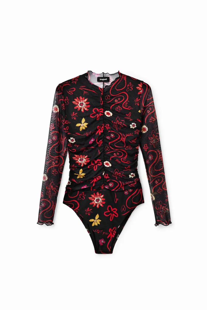 Desigual, Body tul fruncido flores, Poliester, Negro, L