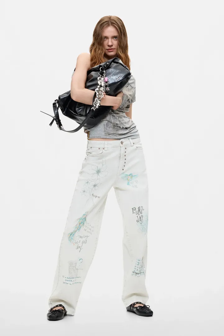 Desigual, Pantalón Vaquero Estampado balloon, Mujer, Algodon, Blanco, 34