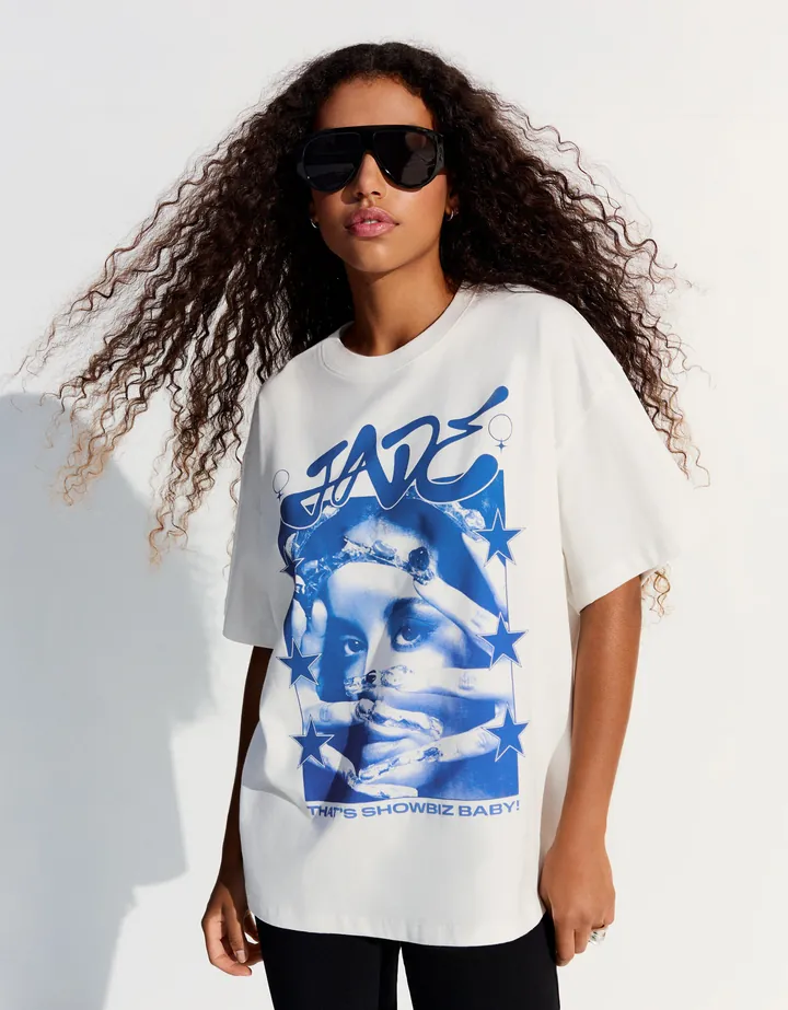 Bershka Camiseta Oversize Jade Mujer L Blanco Roto