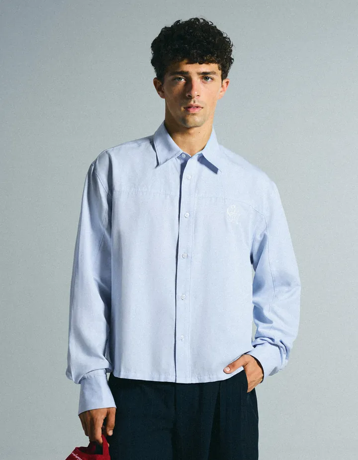 Bershka Camisa Manga Larga Print Hombre L Azul Claro