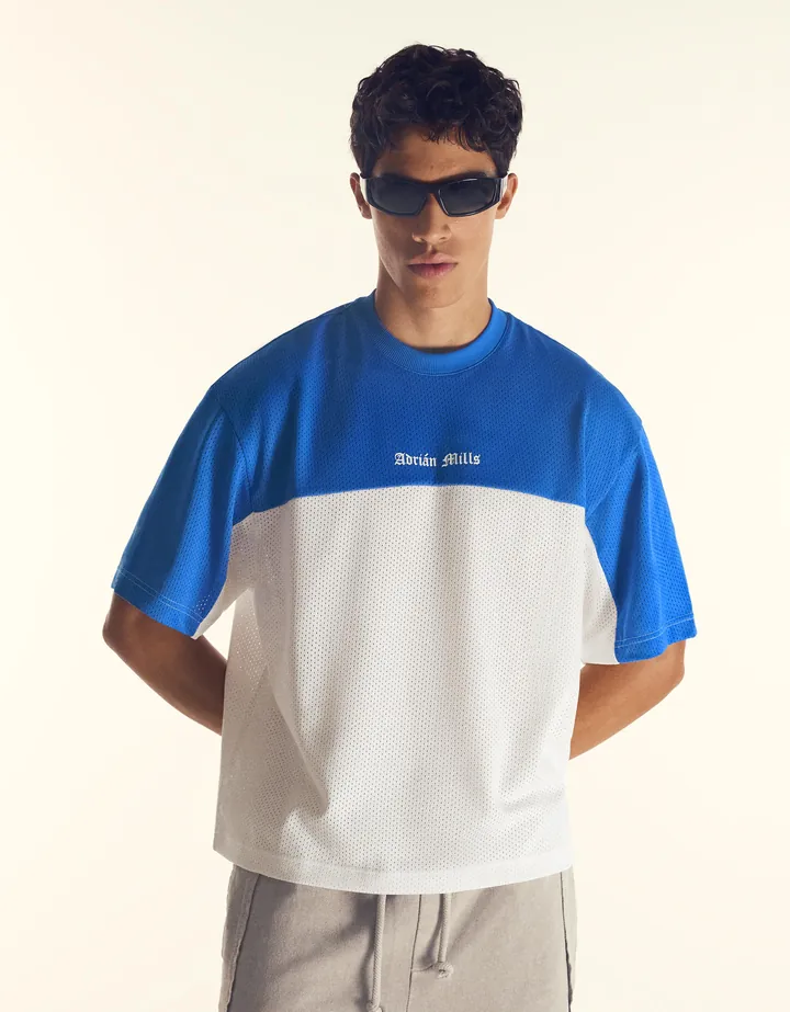 Bershka Camiseta Manga Corta Mesh Adrián Mills Hombre L Azul