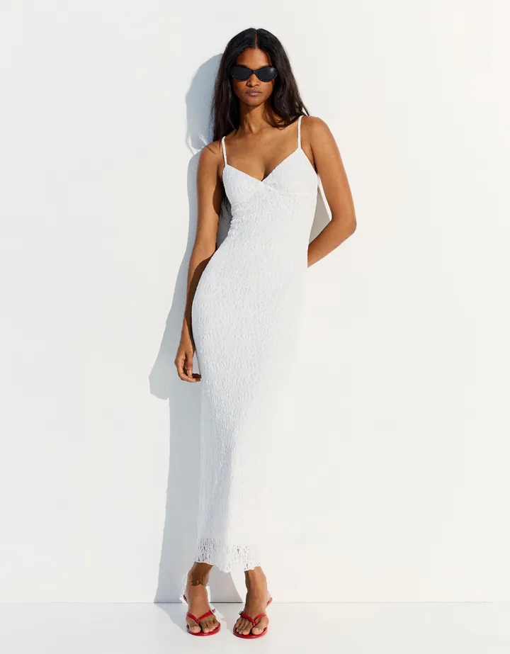 Bershka Vestido Midi Tirantes Encaje Mujer L Blanco Roto