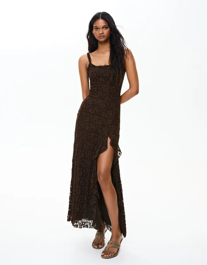 Bershka Vestido Midi Encaje Mujer L Marrón