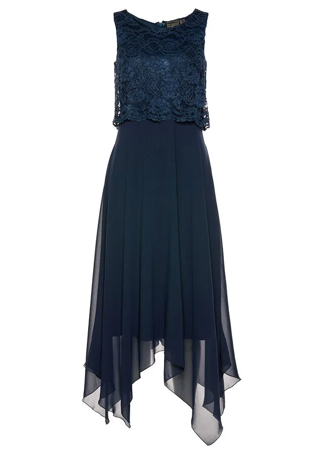 Vestido midi de gasa fina con encaje