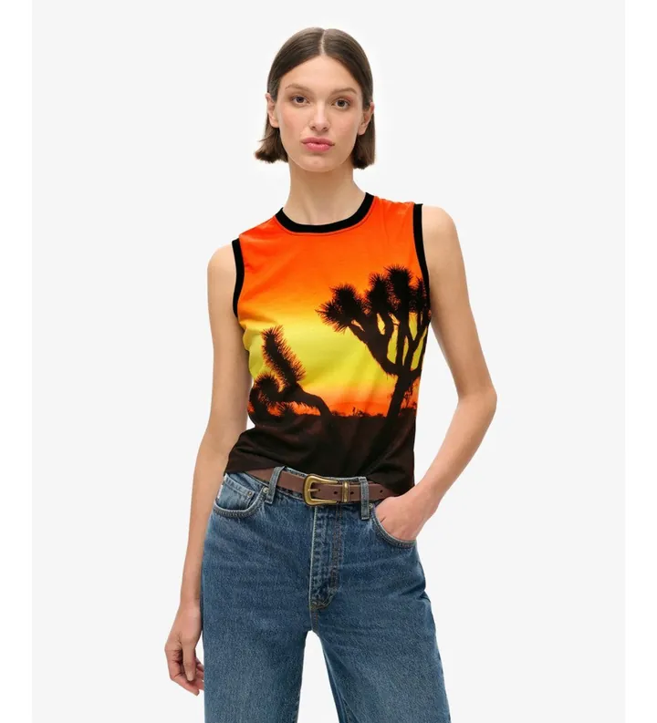 Superdry para mujer. W6011959A Camiseta de tirantes con subestampado naranja, negro (L), Casual, Algodón, Sin mangas / Tirantes