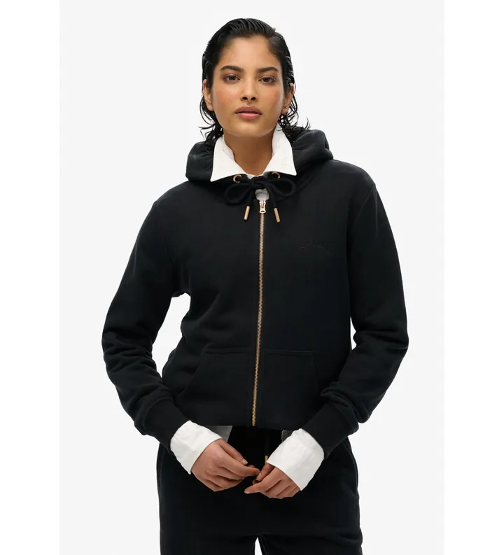 Superdry para mujer. W2012358A Sudadera con capucha, cremallera y logo Essential negro (L), Casual, Algodón, Sostenible