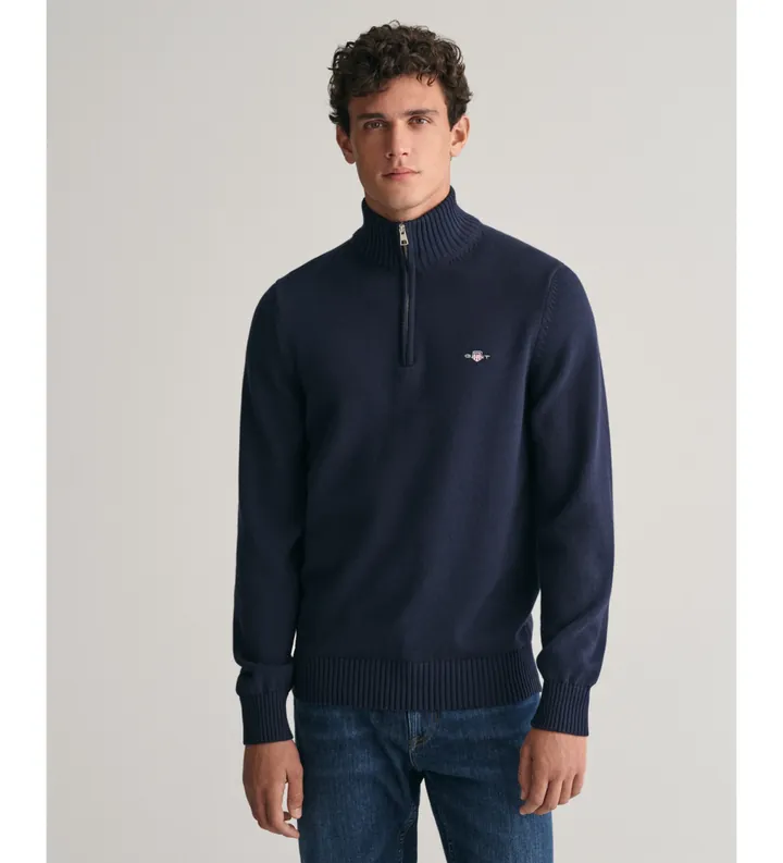 Gant para hombre. 8030170 Jersey de algodón con media cremallera Casual marino (L), Manga larga