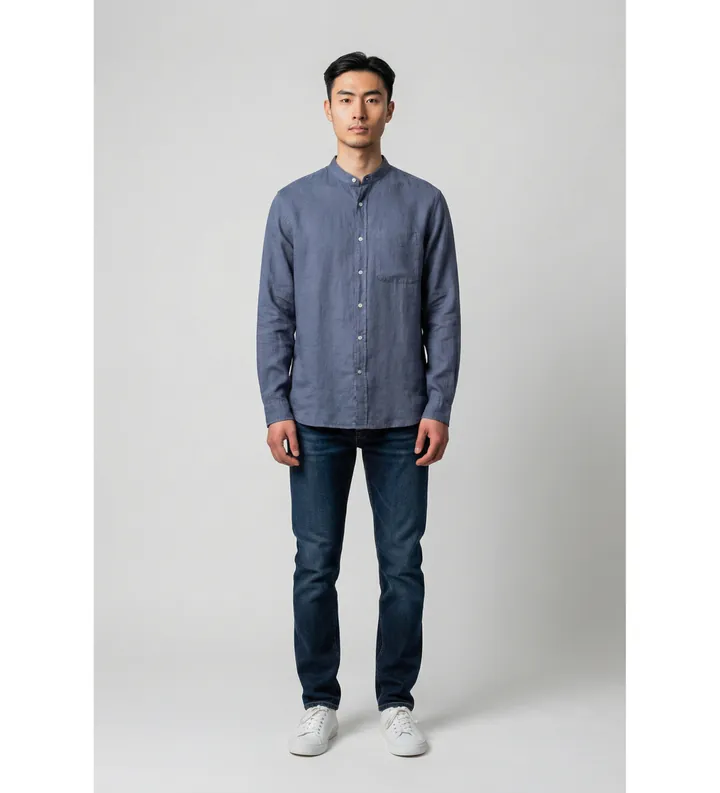 Woolrich para hombre. CFWOSI2034MRUT5284 Camisa Band de Lino marino (L), Casual, Clásico, Manga larga