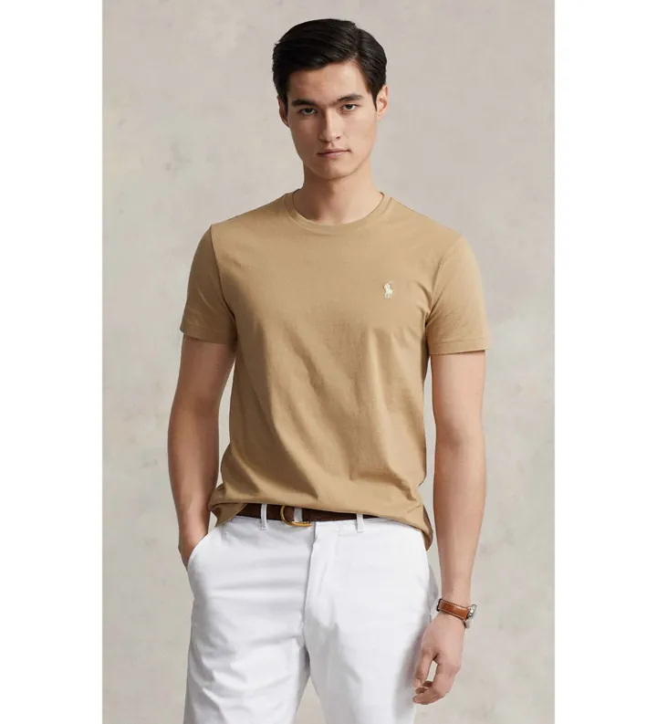 Polo Ralph Lauren para hombre. 710671438329 Camiseta de punto Custom Slim Fit marrón (L), Casual, Algodón, Manga corta