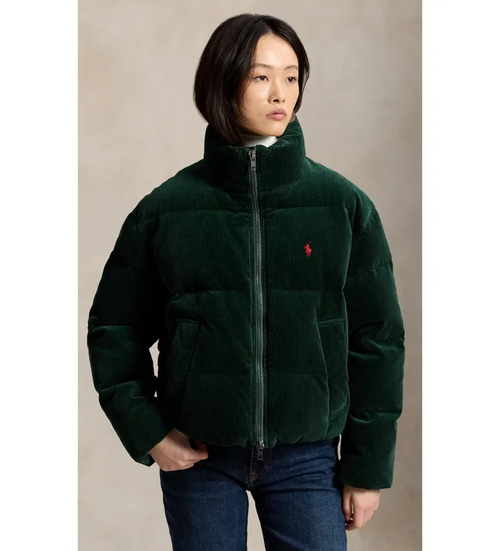 Polo Ralph Lauren para mujer. 211B20376002 Chaqueta de pana con acolchado de plumón verde (L), Casual, Algodón