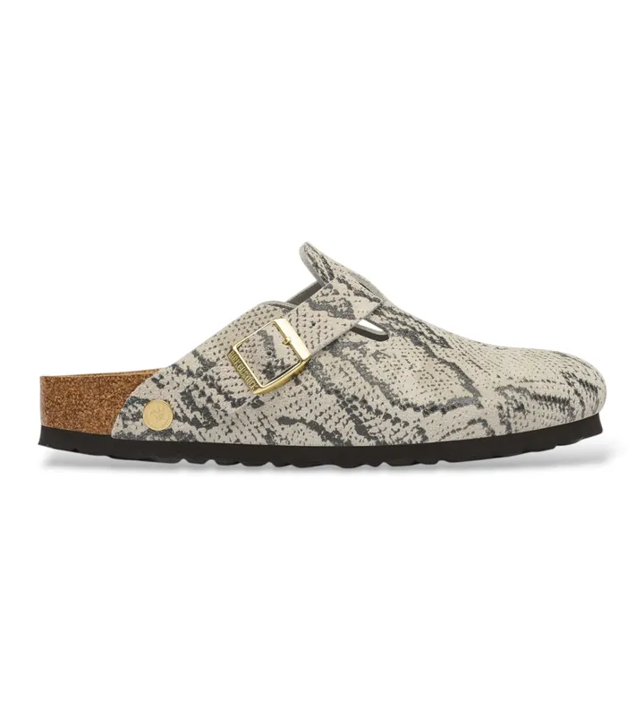 Birkenstock para mujer. 1033086 Zuecos de Piel Boston (Ajuste Estrecho) beige (36), Plano, Ante, Ninguno, Casual, Animal print