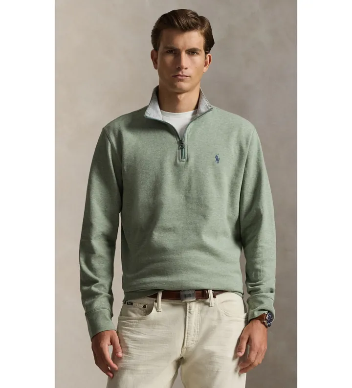 Polo Ralph Lauren para hombre. 710812963501 Jersey de punto con cremallera corta verde (L), Casual, Algodón, Manga larga
