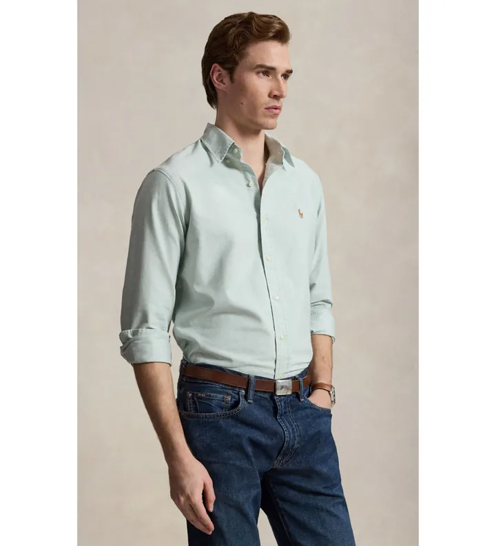 Polo Ralph Lauren para hombre. 710805562504 La icónica camisa oxford verde claro (XL), Casual, Algodón, Manga larga