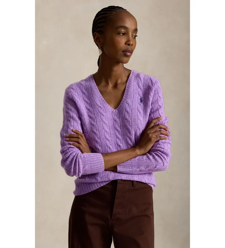 Polo Ralph Lauren para mujer. 211971866501 Jersey de cachemira y lana lila (L), Casual, Manga larga