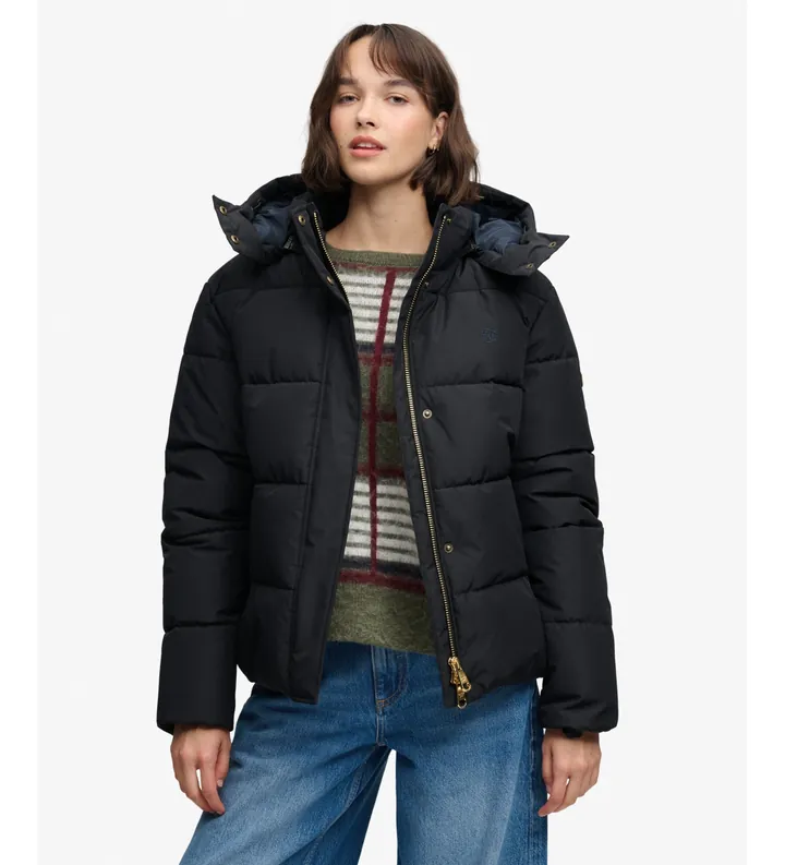 Superdry para mujer. W5012207A Chaqueta Acolchada Premium con Capucha negro (L), Casual, Poliéster