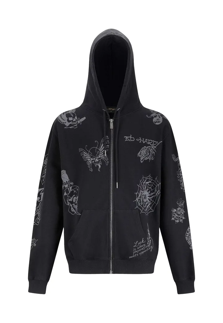 Ed Hardy Sudadera con cremallera 'Tattoo Club' gris / negro / blanco