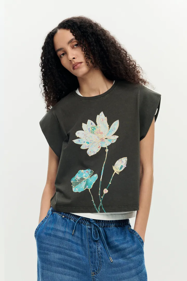 Desigual, Camiseta Estampada 100% Algodón, Mujer, Algodon, Negro, L