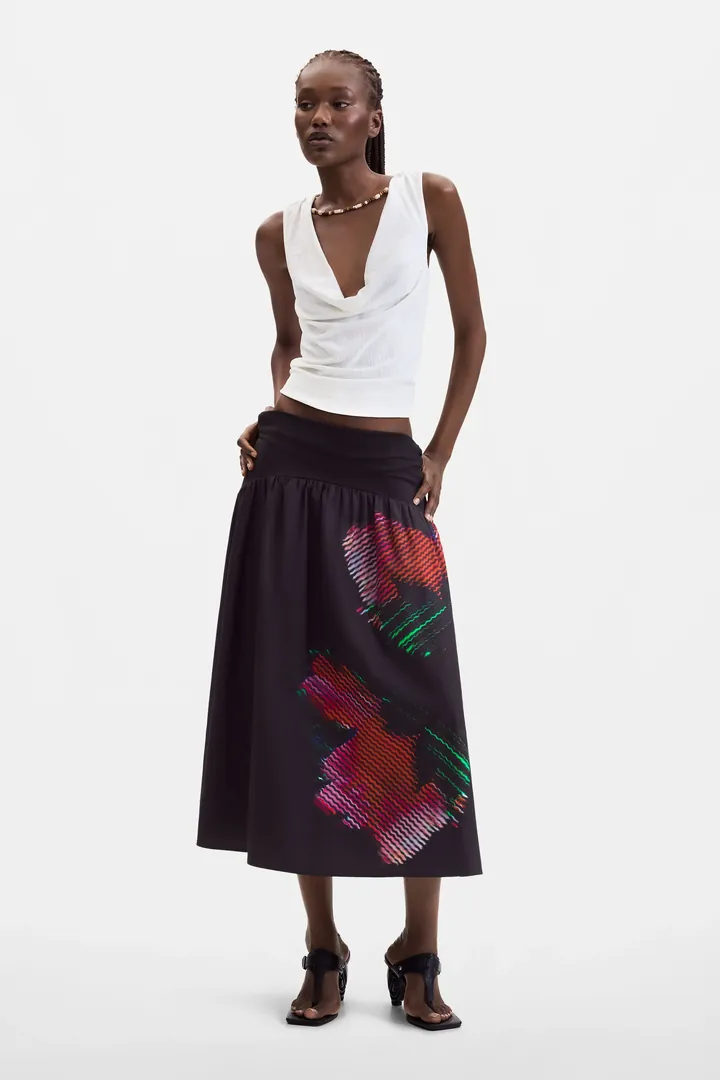 Desigual, Falda midi pixelada, Mujer, Negro, L