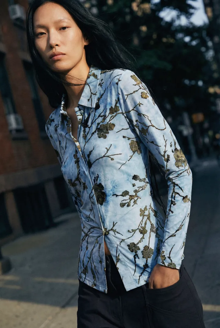 Desigual, Camisa flocada, Mujer, Poliester, Azul, L