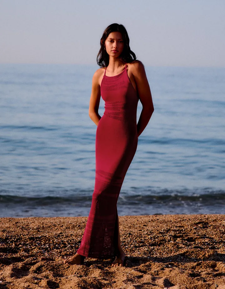 Bershka Vestido Midi Espalda Abierta Mujer L Rojo