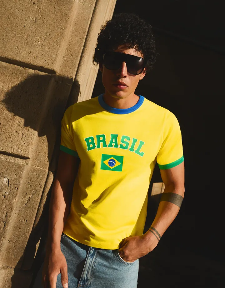 Bershka Camiseta Slim Fit Print Hombre L Amarillo