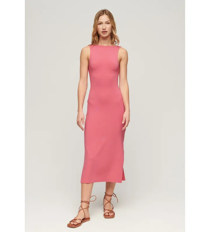 Superdry para mujer. W8011612A Vestido midi de punto con espalda cruzada rosa (L), Casual, Viscosa, Sin mangas / Tirantes