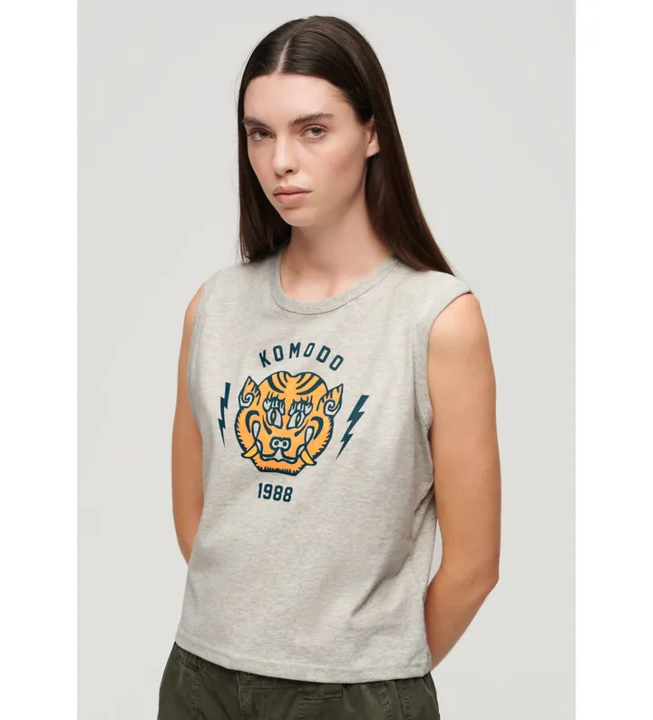 Superdry para mujer. W6011981A Camiseta sin mangas Komodo Tiger gris (L), Casual, Sin mangas / Tirantes, Algodón Orgánico, Sostenible