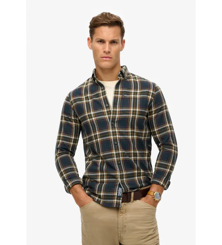 Superdry para hombre. M4010737A Camisa de algodón orgánico a cuadros vintage marino (L), Casual, Manga larga, Sostenible