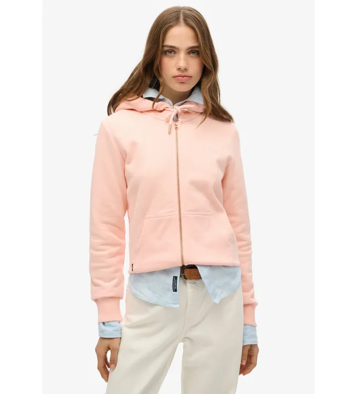 Superdry para mujer. W2012358A Sudadera con capucha, cremallera y logo Essential rosa (L), Casual, Algodón, Sostenible