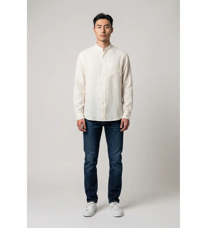 Woolrich para hombre. CFWOSI2034MRUT5284 Camisa Band de Lino blanco (L), Casual, Clásico, Manga larga
