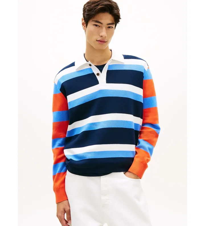 Tommy Jeans para hombre. DM0DM23055 Jersey de rugby con cuello a contraste multicolor (L), Casual, Algodón, Manga larga