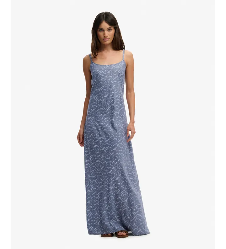 Superdry para mujer. W8012119A Vestido Printed Maxi azul (S), Casual, Viscosa, Sin mangas / Tirantes