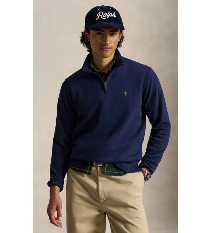 Polo Ralph Lauren para hombre. 710P07411005 Jersey de Estate-Rib con cremallera marino (XL), Casual, Algodón, Manga larga
