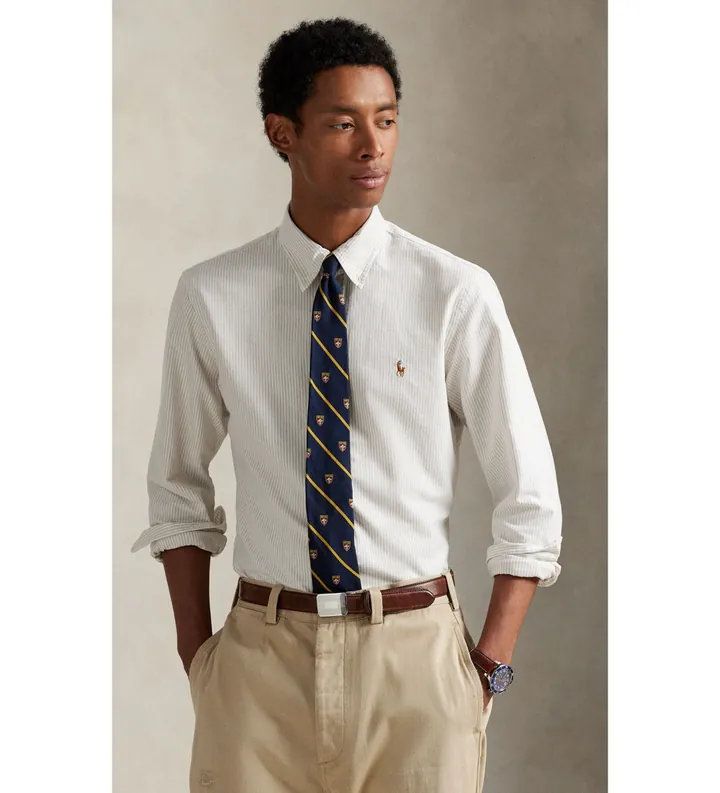 Polo Ralph Lauren para hombre. 710953704007 Camisa oxford con rayas Custom Fit beige (L), Casual, Algodón, Manga larga