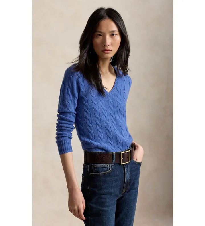 Polo Ralph Lauren para mujer. 211971866502 Jersey de cachemira y lana azul (L), Casual, Manga larga
