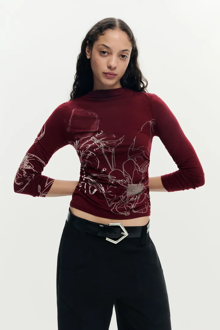 Desigual, Camiseta manga larga estampada, Mujer, Viscosa, Rojo, L