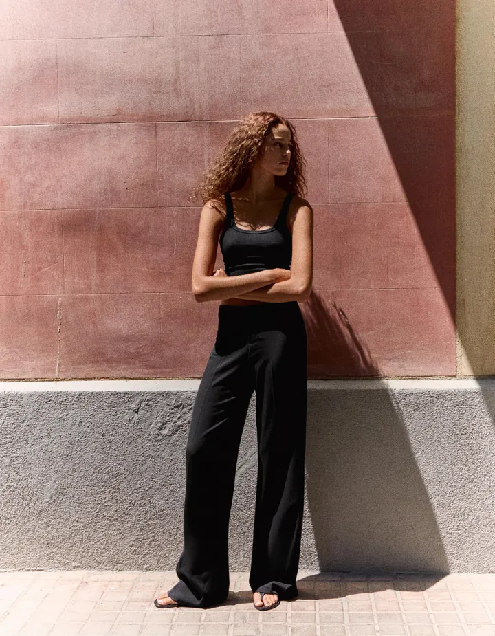 Bershka Pantalón Wide Leg Mujer 32 Negro