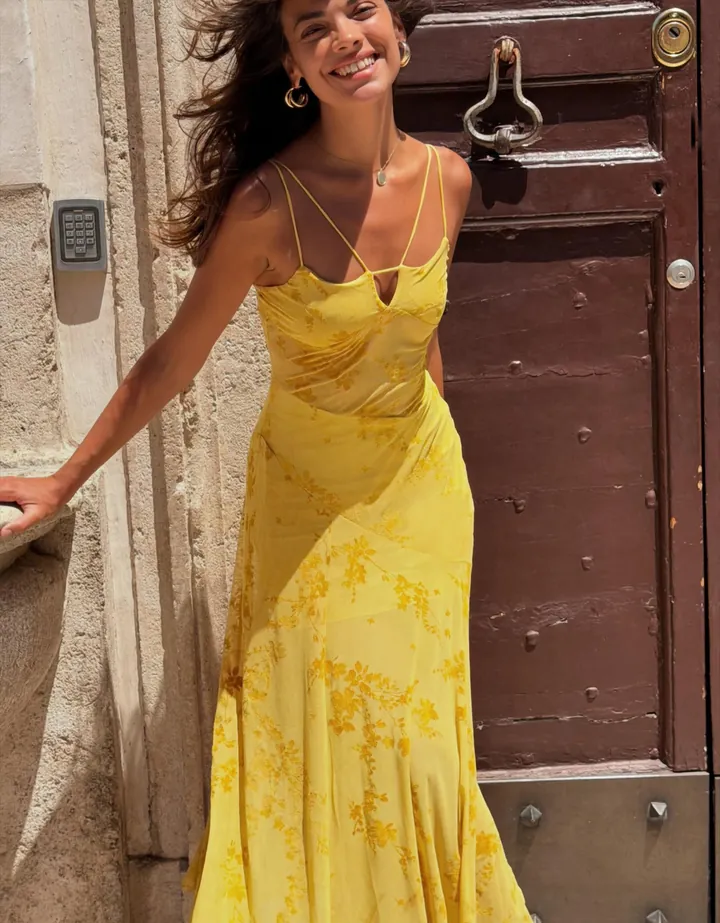 Bershka Vestido Midi Tirantes Tul Flocado Mujer L Mostaza