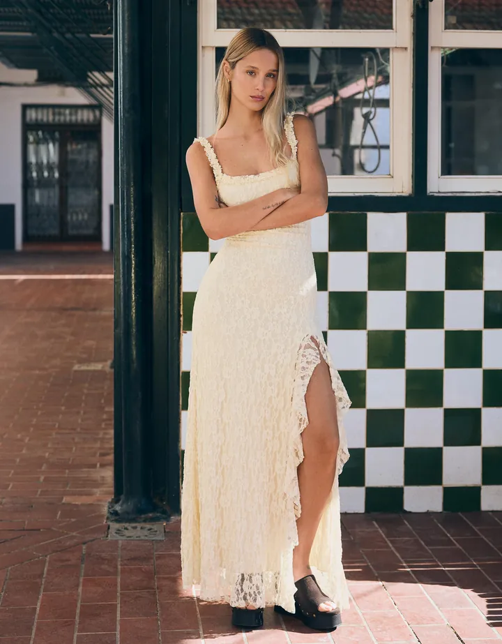 Bershka Vestido Midi Encaje Mujer L Crudo