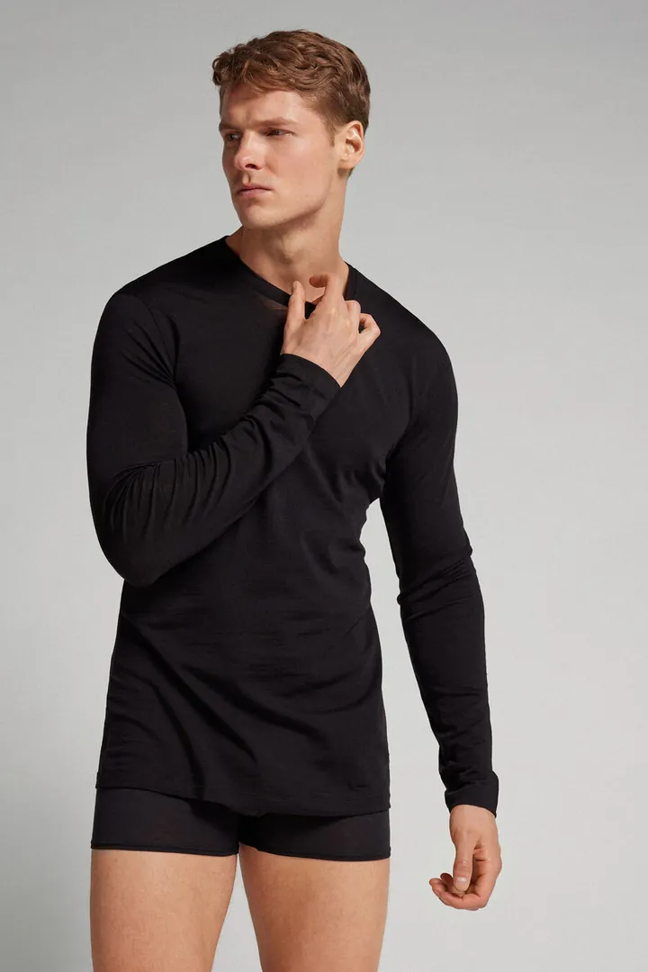 Intimissimi Camiseta Manga Larga de Lana Merina Escote Redondo Hombre Azul Tamaño L